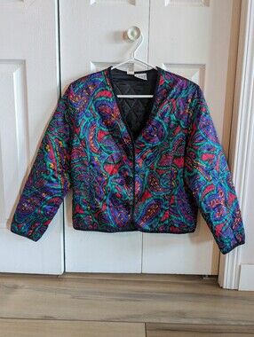 Vintage Russ Women's Multicolor Quilted Puff Jacket with Black Trim